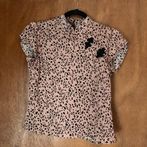 Reformation Pink Leopard Print Short Sleeve Blouse with Black Floral Accents